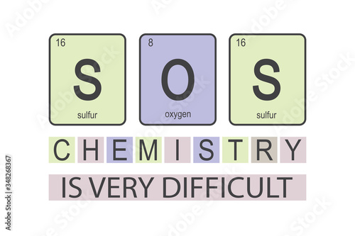 The chemical elements of the periodic table, funny phrase- SOS chemistry is very difficult. Design isolated on white
