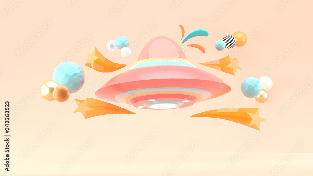 UFO surrounded by meteorites , Balls and stars on a pink background.-3d rendering..