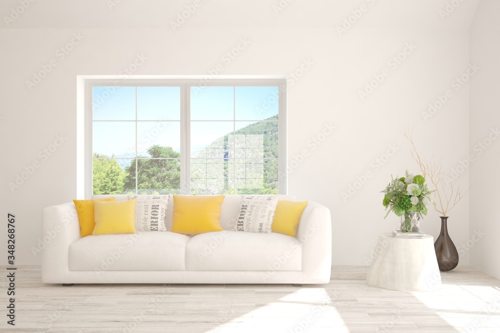 Fototapeta premium White living room with sofa and summer landscape in window. Scandinavian interior design. 3D illustration