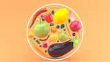 Eggplant, carrots, peppers, apples And the lemon inside the circle on the orange background.-3d rendering.