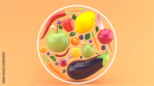 Eggplant, carrots, peppers, apples And the lemon inside the circle on the orange background.-3d rendering.