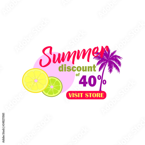 Summer discount up to 40% stylish vector template with palm and lemon and lime slices.