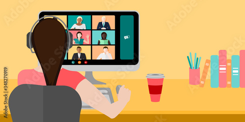 Woman on a video conference call while working at home concept vector