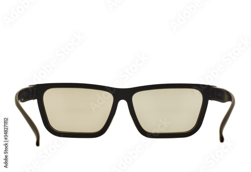 Square shape with black lenses glasses for watching 3 D movies on isolated white background.