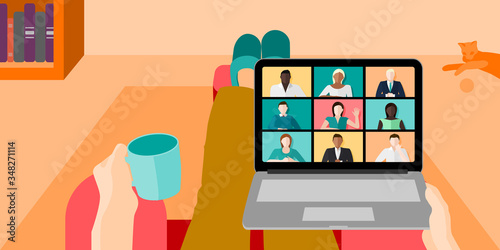 Person working from home while sitting on the couch with a coffee while on a work video conference call concept vector