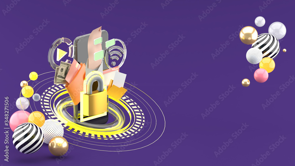 Locks protection the smartphone  surrounded by colorful balls on a purple background.-3d rendering.