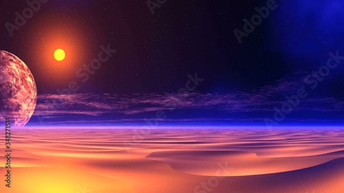 Sunset over Alien Desert. On a dark starry sky quickly sits a bright yellow sun. Above the horizon is a huge planet. Dunes are painted in yellow to violet. Slowly floating clouds.