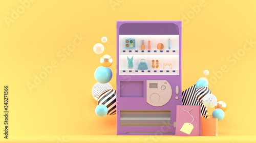 The vending machine is surrounded by colorful balls and shopping bags on an orange background.-3d rendering.