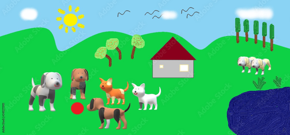 pets at house, landscape, grass, home, illustration