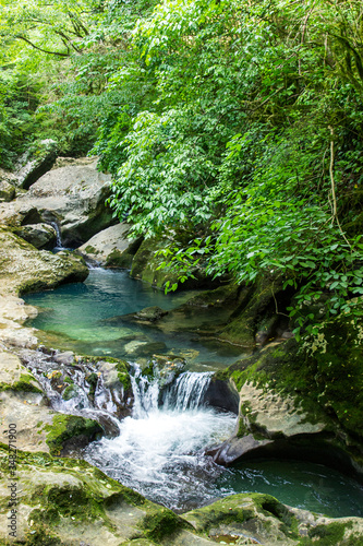 Waterfalls on the mountain river. Summer landscape