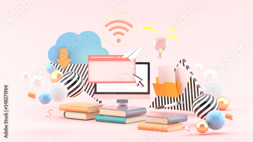 Computers and browsers on books surrounded by colorful balls on a pink background.-3d rendering.