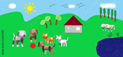pets at house, landscape, grass, home, illustration