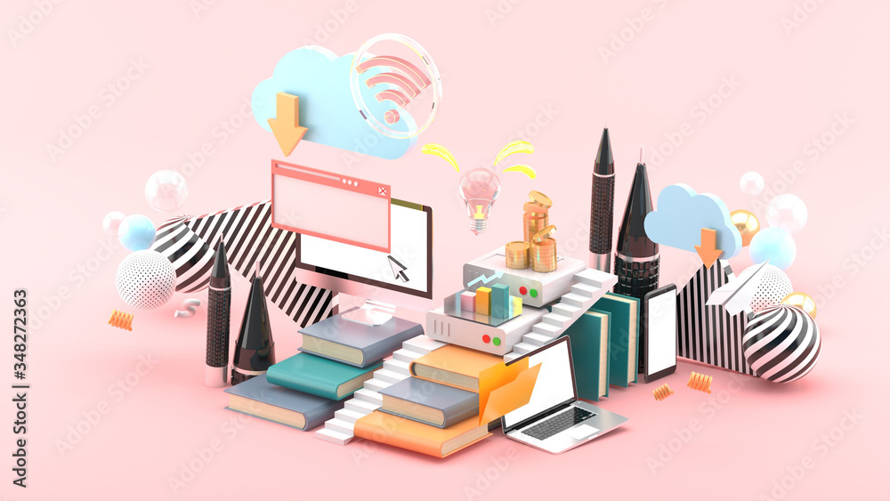 Computers, laptops and smartphones On the stack of books And the Cloud system Surrounded by colorful balls on a pink background.-3d rendering. Computers, laptops and smartphones On the stack of books And the Cloud system Surrounded by colorful balls on a pink background.-3d rendering.