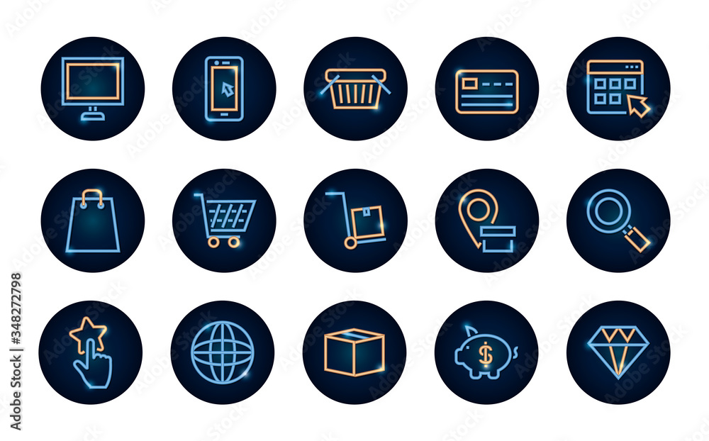 global sphere and online shopping icon set, neon style global sphere and online shopping icon set, neon style