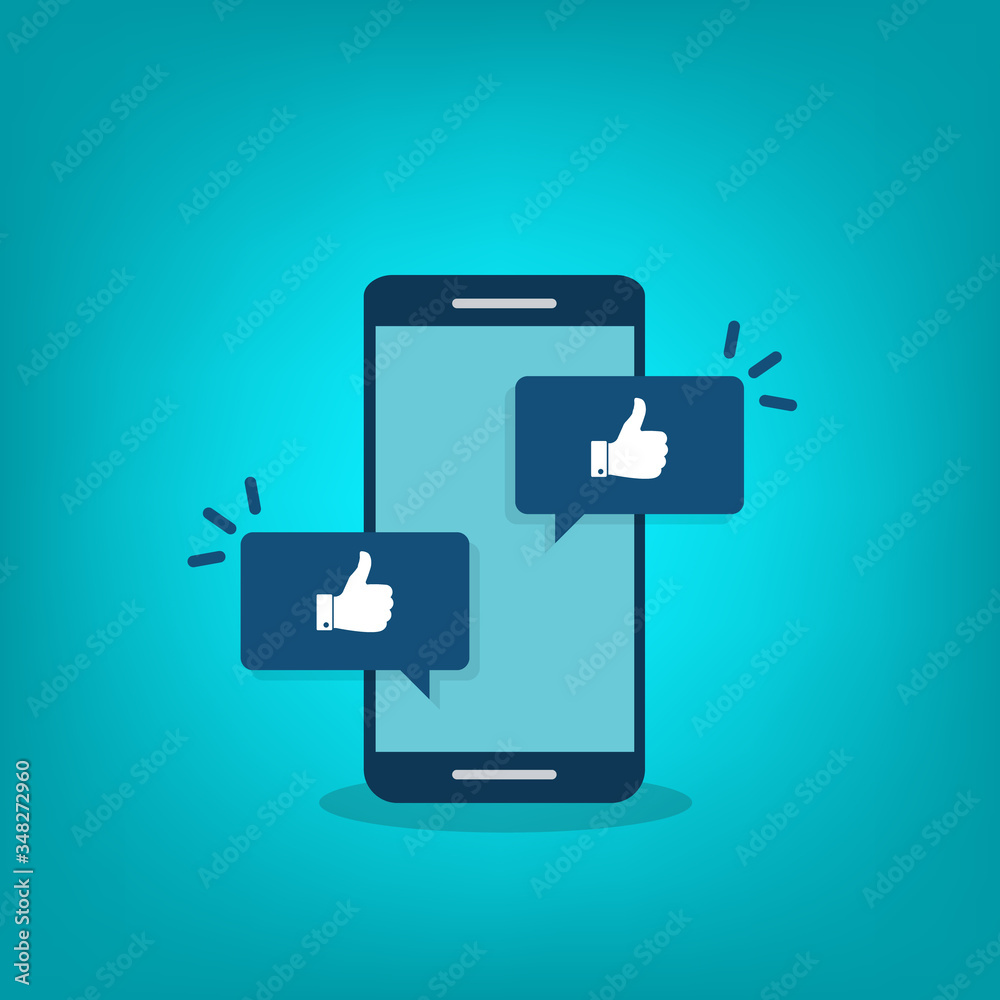 Vector illustration smartphone with like, thumbs up emoji speech bubble get message on screen. Social network and mobile device concept. Flat design for print, websites, web banner. Vector illustration smartphone with like, thumbs up emoji speech bubble get message on screen. Social network and mobile device concept. Flat design for print, websites, web banner.