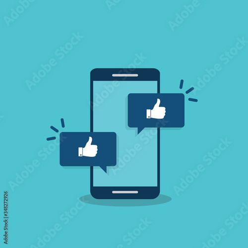 Vector illustration smartphone with like, thumbs up emoji speech bubble get message on screen. Social network and mobile device concept. Flat design for print, websites, web banner.