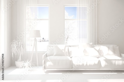 White minimalist living room with sofa. Scandinavian interior design. 3D illustration