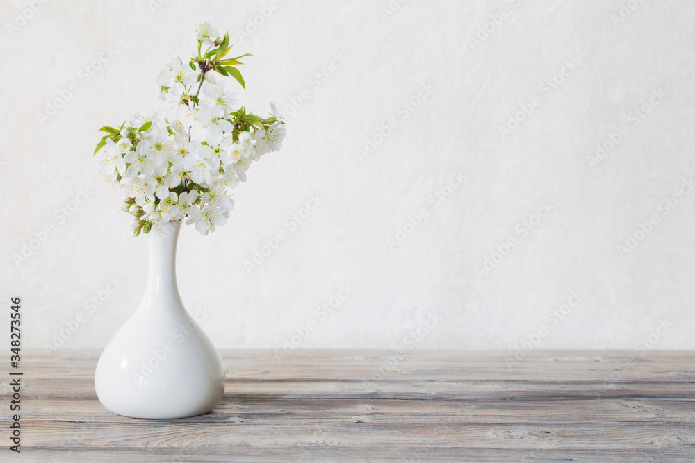 cherry flowers in vase on white background