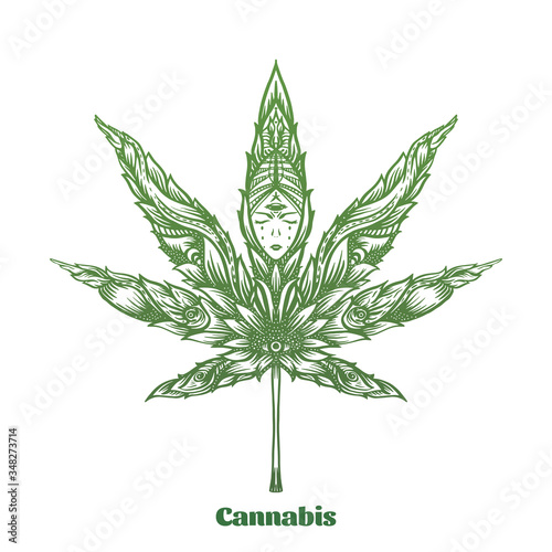 Cannabis leaf decorated with original modern pattern. Element for design. Vector illustration In decorative style. Ethnic patterned ornate hand drawn..