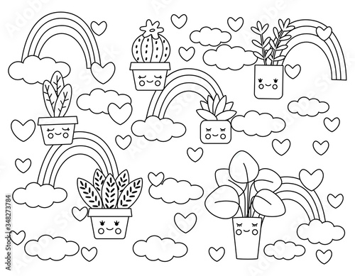 A simple coloring book for kids with kawaii flowers  rainbows  clouds. Contour  silhouette of indoor  domestic plants with eyes. Funny cute vector illustration.
