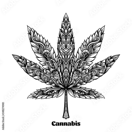 Cannabis leaf decorated with original modern pattern. Element for design. Vector illustration In decorative style. Ethnic patterned ornate hand drawn..