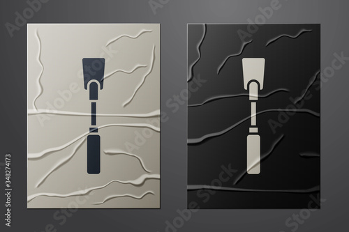 White Leather whip icon isolated on crumpled paper background. Fetish accessory. Sex toy for adult. Paper art style. Vector