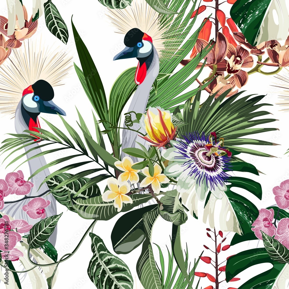 Naklejka premium Exotic birds, passion flowers, monstera palm leaves, white background. Floral seamless pattern. Tropical illustration. Exotic plants, birds. Summer beach design. Paradise nature.