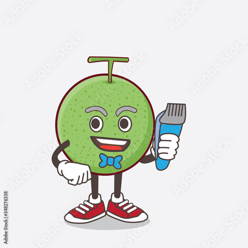 Melon Fruit cartoon mascot character as smiling barber with hair clipper on hand