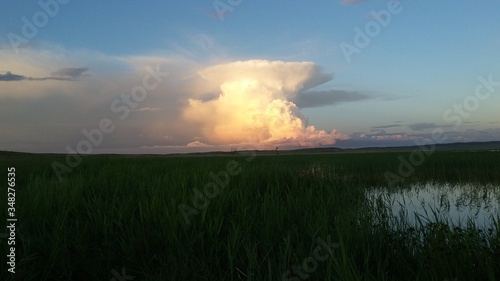 a beautiful lush cloud and a large lake