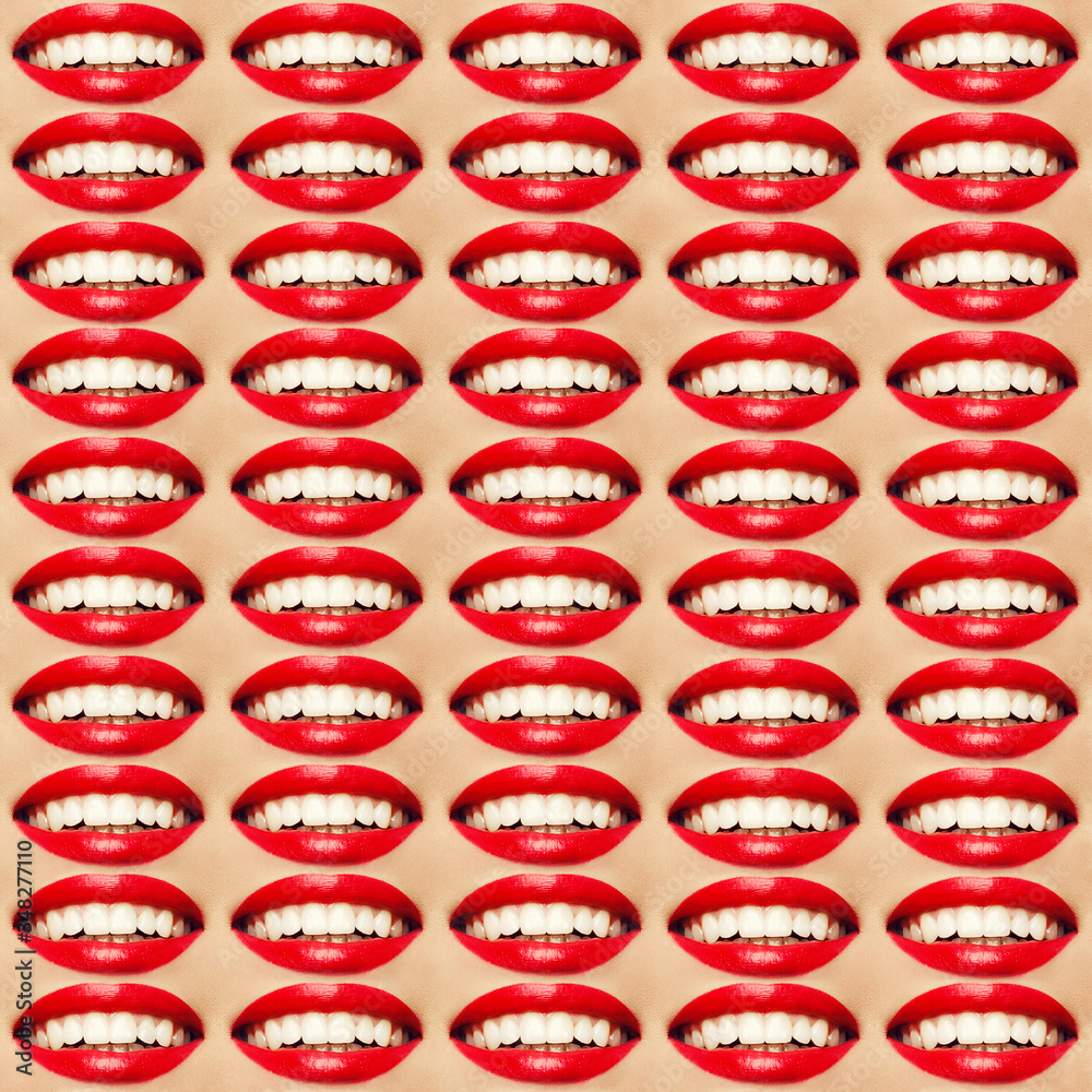 Smile of femme fatale concept. Pop-art collage of perfect shiny smiling mouth. Healthy clean white teeth. Studio shot Smile of femme fatale concept. Pop-art collage of perfect shiny smiling mouth. Healthy clean white teeth. Studio shot
