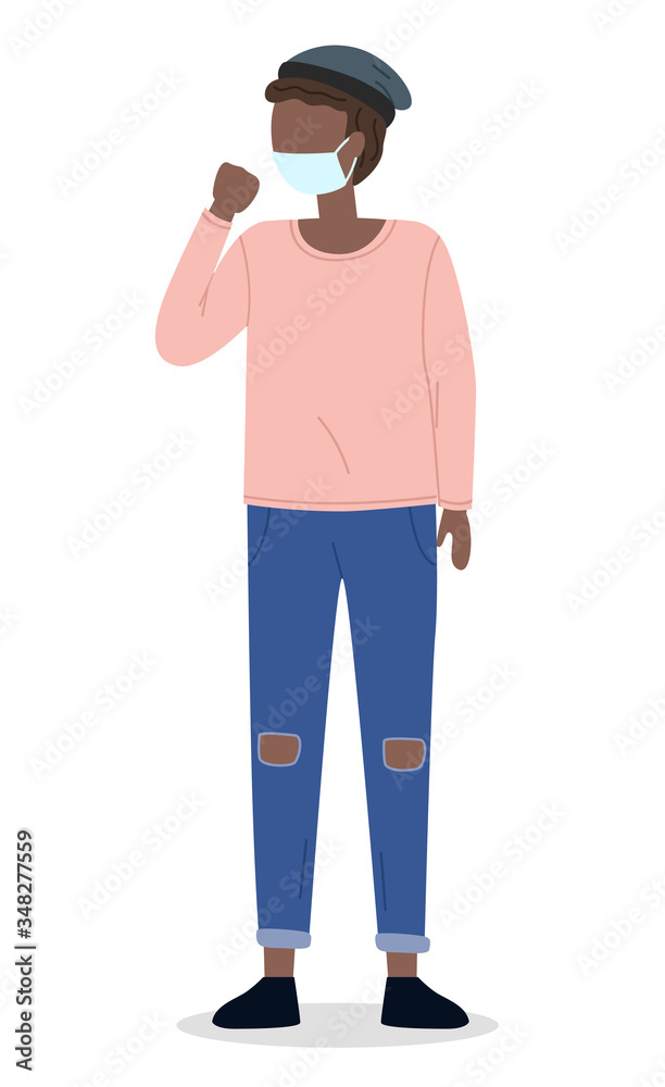 Vector illustration of young black afro man wearing face medical mask standing at white background. Viral pandemic. Coronavirus 2019-ncov flu. Respiratory protection from virus pandemia