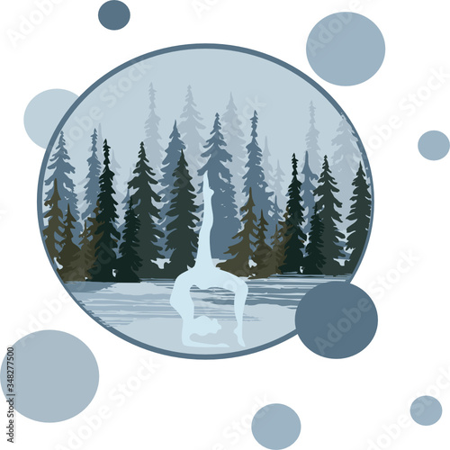 The figure of a girl doing yoga on the background of the forest, trees, fir trees