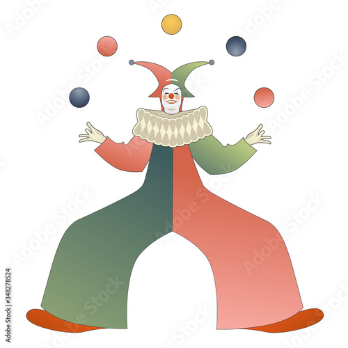 Retro style clown juggling colored balls, isolated on white background