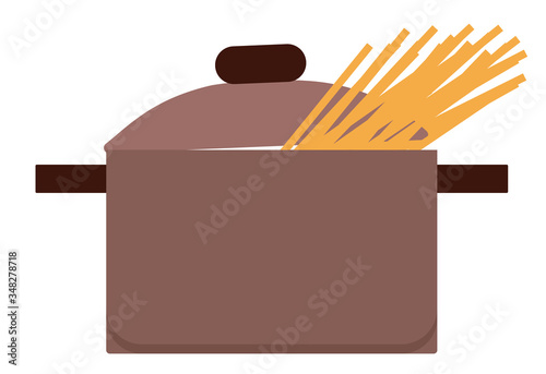 Brown pan with lid isolated on white background. Utensil used to hold, cook and boil ingredients, food. Pasta or spaghetti boiling in stewpan. Vector illustration of cooking process in flat style