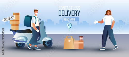 Food contactless safe delivery banner with female and male characters in masks and gloves, boxes, cityscape. Courier with motorbike brings order to client. Background in blue colors for landing pages