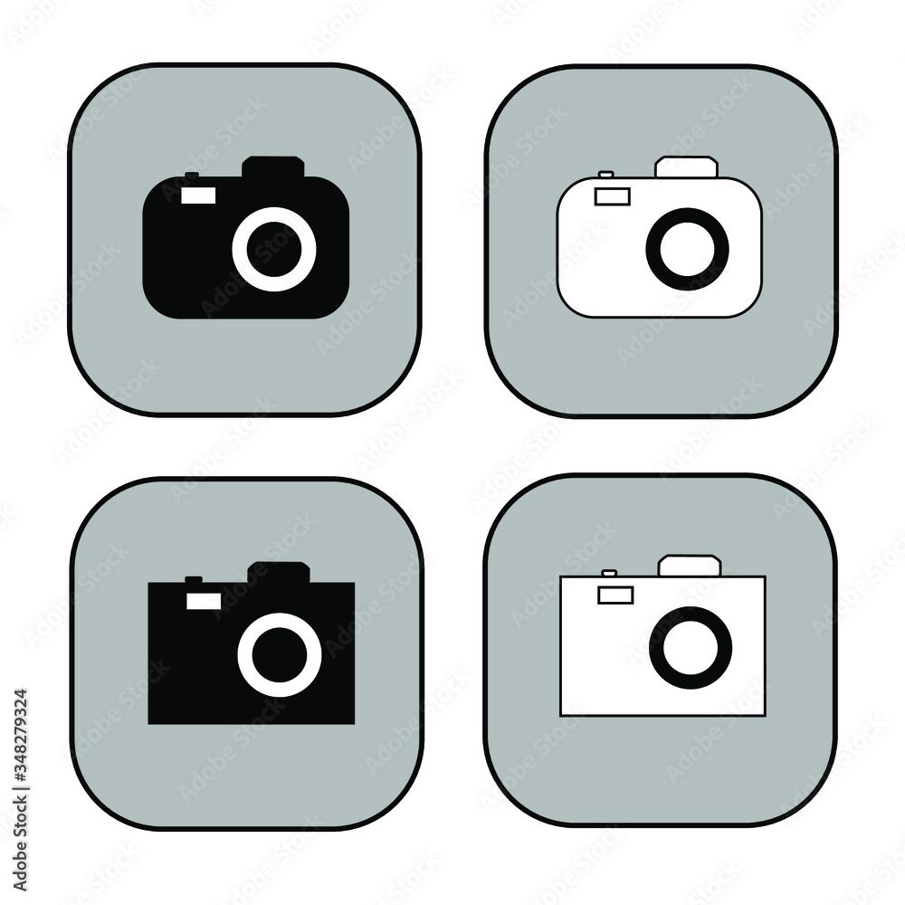 Digital Camera Icon Set in black and white and grey rounded squares for business, education or hobbies. Digital Camera Icon Set in black and white and grey rounded squares for business, education or hobbies.