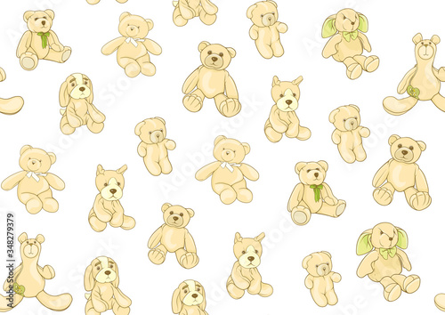 Fototapeta Naklejka Na Ścianę i Meble -  Teddy bears, hare and dogs stuffed hand maade toys. Seamless pattern. Colored vector illustration. Isolated on white background.