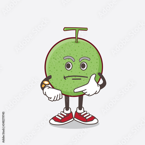 Melon Fruit cartoon mascot character on a waiting gesture