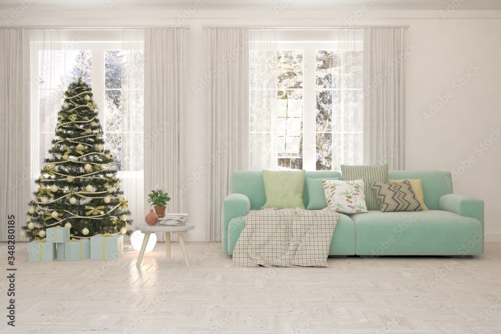 Winter new year interior of living room with sofa. Scandinavian design. 3D illustration Winter new year interior of living room with sofa. Scandinavian design. 3D illustration