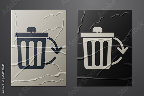 White Recycle bin with recycle symbol icon isolated on crumpled paper background. Trash can icon. Garbage bin sign. Recycle basket sign. Paper art style. Vector