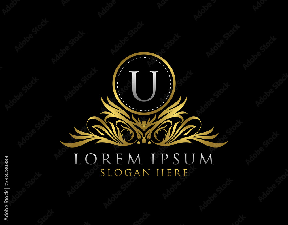 Letter U Luxury Logo. Monogram design elements, graceful template. Calligraphic elegant line art badge design. Letter Stamp, Boutique, Cafe, Hotel, Heraldic, Jewelry, Wedding.