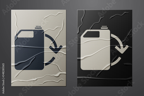 White Eco fuel canister icon isolated on crumpled paper background. Eco bio and barrel. Green environment and recycle. Paper art style. Vector