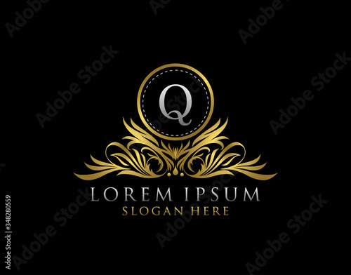 Letter Q Luxury Logo. Monogram design elements, graceful template. Calligraphic elegant line art badge design.  Letter Stamp, Boutique, Cafe, Hotel, Heraldic, Jewelry, Wedding.