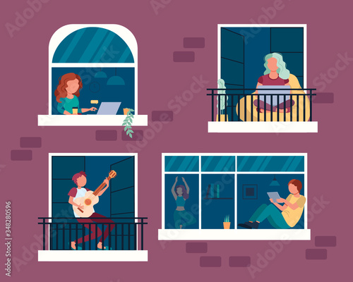 Isolation of people during the virus  pandemic. People on their balconies or windows. Neighbors in the same building. Stay home activity concept.  COVID-19 alert. Stock vector illustration