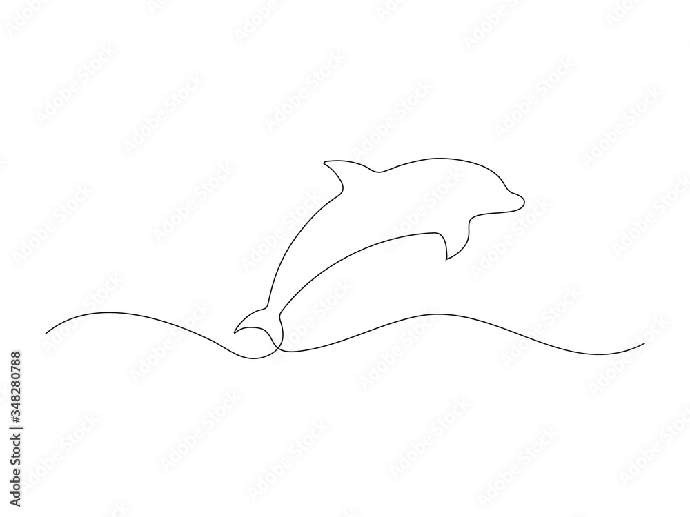 Dolphin jumping in sea. Continuous one line art drawn. Vector illustration isolated on white.