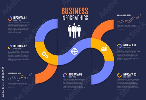 Business infographics with chart and graph vector elements. Information steps visualization diagrams and statistics flowchart information. Business infographics presentation, businessman silhouettes