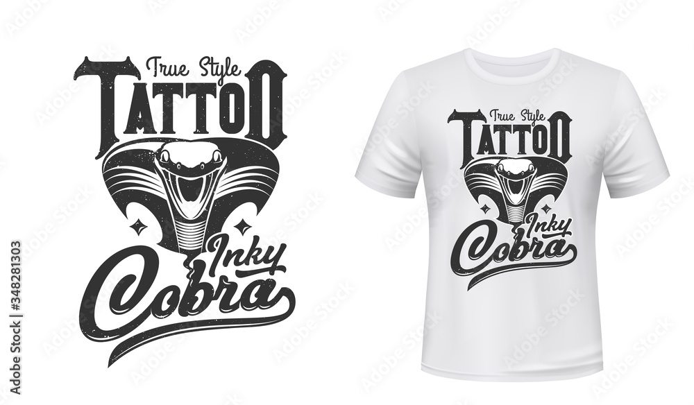 Cobra t-shirt print or tattoo. Vector mascot, apparel mockup with attacking black snake extended hood and open mouth. Sport uniform, t-shirt activewear template, monochrome cobra mascot and lettering - obrazy, fototapety, plakaty 