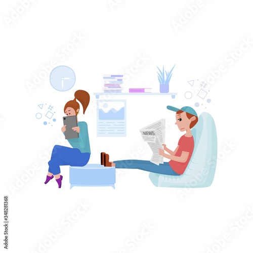 Man and woman watch news on tablets, maintain social distance, or work remotely