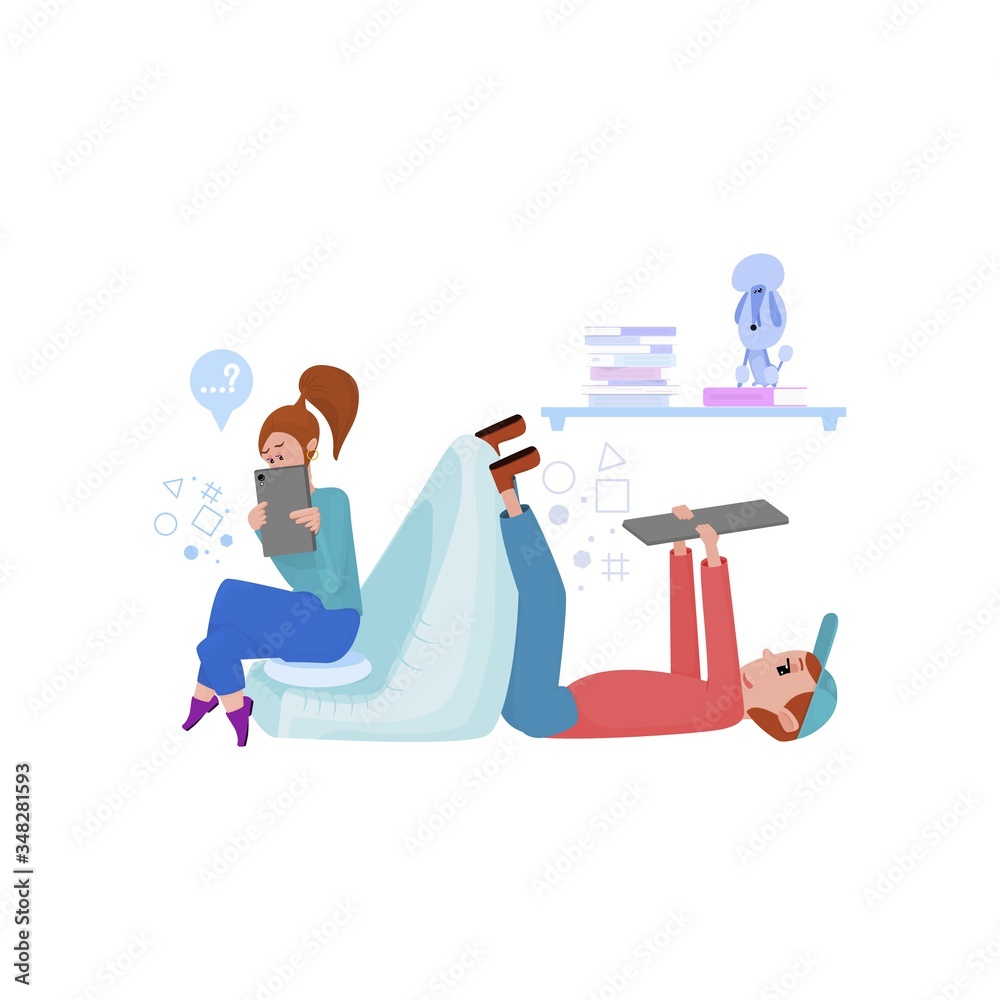 Man and woman watch news on tablets, maintain social distance, or work remotely Man and woman watch news on tablets, maintain social distance, or work remotely