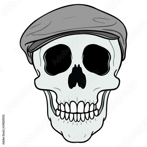 gray vector skull with gray french cap on the head. beret, frontal, isolated, white background, cartoon.